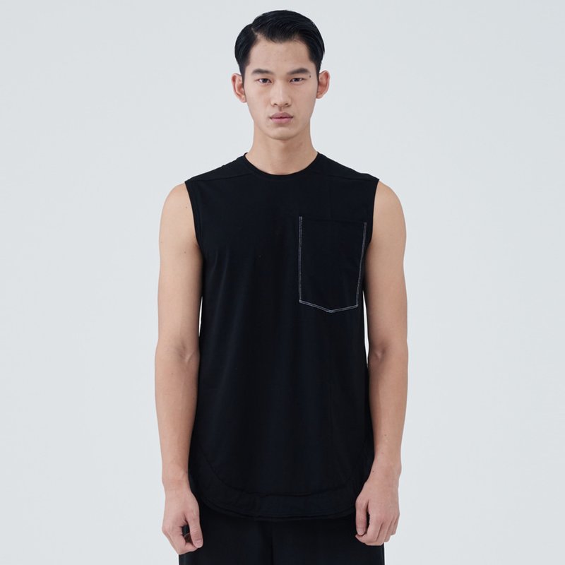 TRAN - 侧口袋圆摆TEE - 男装上衣/T 恤 - 棉．麻 黑色