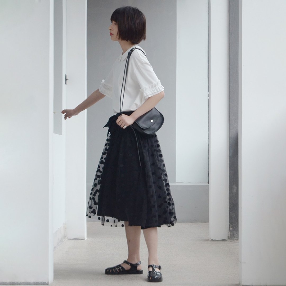 波点网纱半身裙|裙子|春夏款|聚酯纤维+棉+氨纶|Sora-271 - 裙子 - 聚酯纤维 黑色