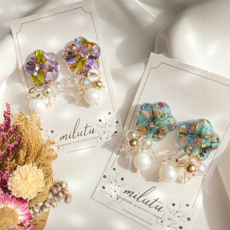 水润光泽 花朵 耳环 造型 透明感 清透 树脂 316L 花 粉红的 蓝的 - 耳环/耳夹 - 树脂 粉红色