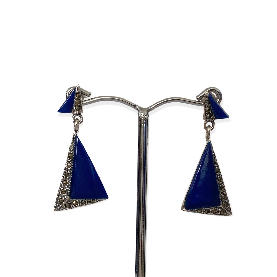 Art Deco Style Triangle Lapis lazuli&Marcasite Earrings /Set 925 Sterling Silver - 耳环/耳夹 - 纯银 蓝色