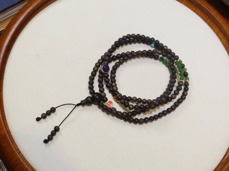 5mm天然文莱沈香珠沉香珠 烧蓝石榴紫水晶设计多圈手串手持项链fs - 手链/手环 - 木头 咖啡色