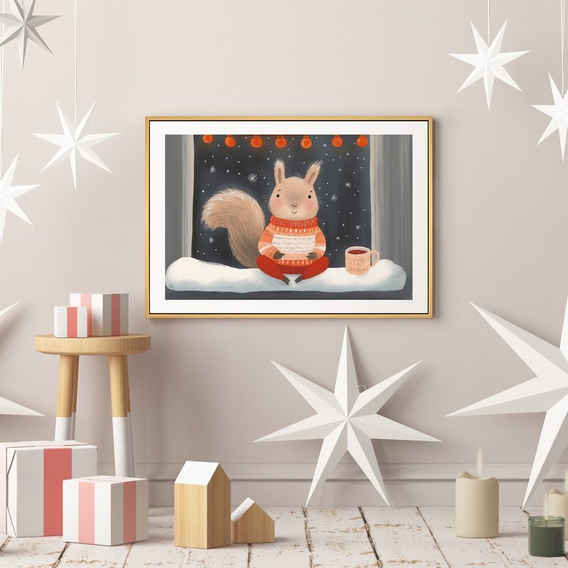 松鼠与热可可的圣诞节 - 圣诞插画/圣诞树装饰挂画//圣诞交换礼物 - 海报/装饰画/版画 - 棉．麻 咖啡色