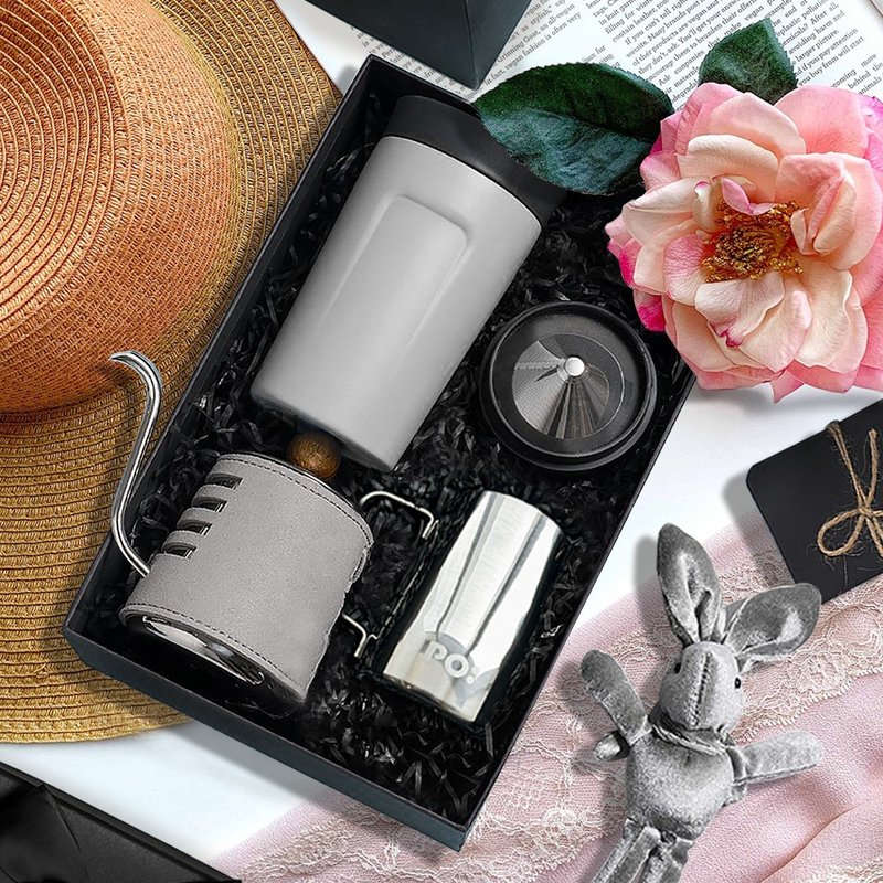 【手冲咖啡套装礼盒】手冲壶/随行保温杯/拉花杯 生日礼物 新年礼 - 咖啡壶/周边 - 玻璃 灰色