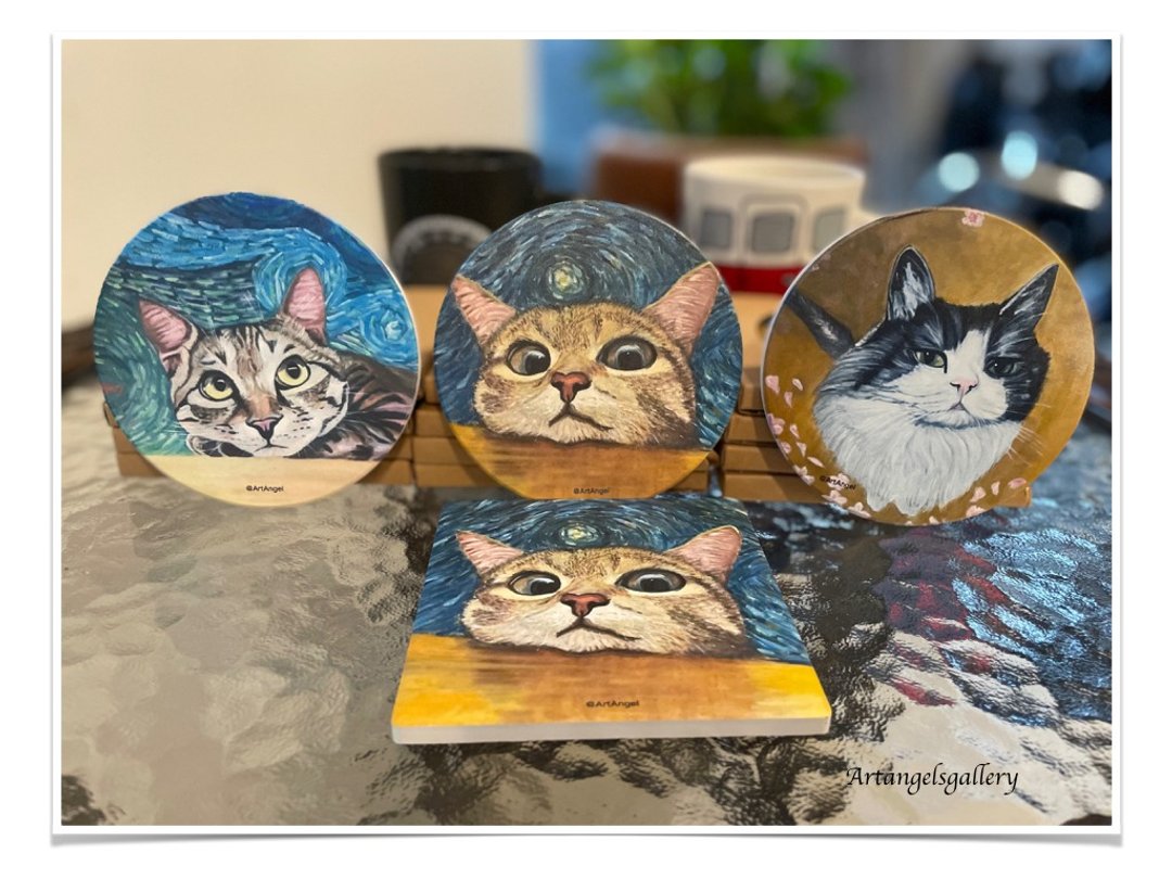 天使画廊猫咪画作杯垫组/生日礼物/杯垫/ 四个一组随机出货 - 杯垫 - 陶 橘色