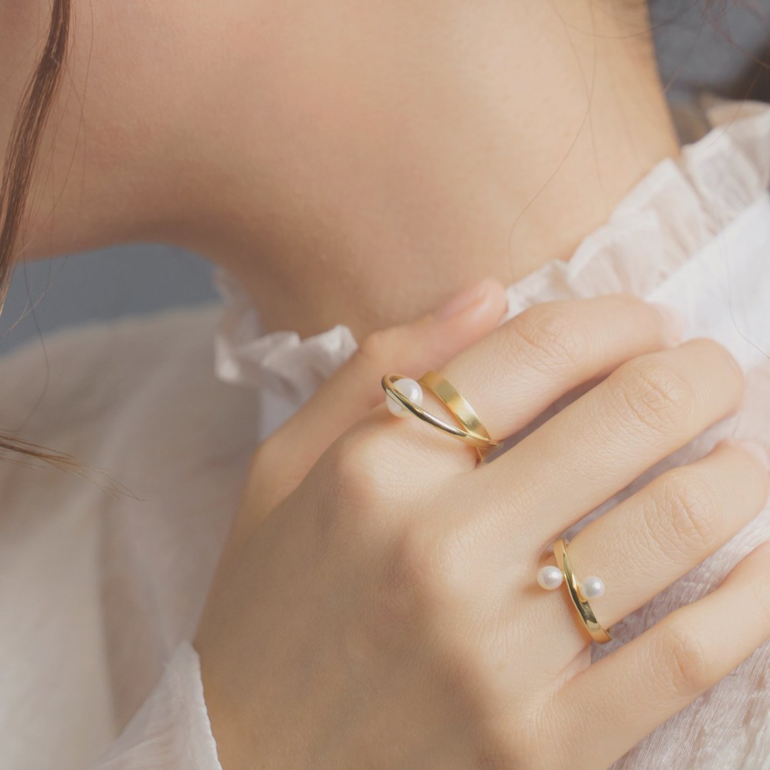 The Shadow ring/ 倒影珍珠925纯银戒指 - 戒指 - 银 金色