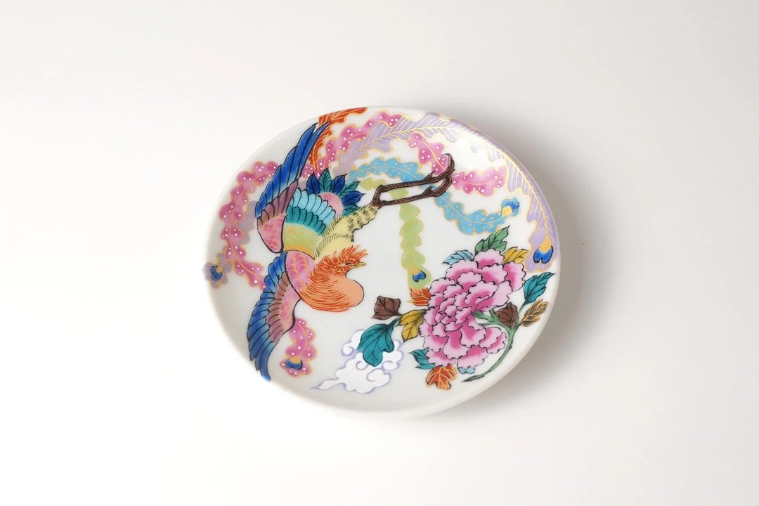【现货】日本进口 九谷烧艺术小盘 10.4cm - 牡丹凤凰 山﨑大辉绘 - 盘子/餐盘/盘架 - 瓷 粉红色
