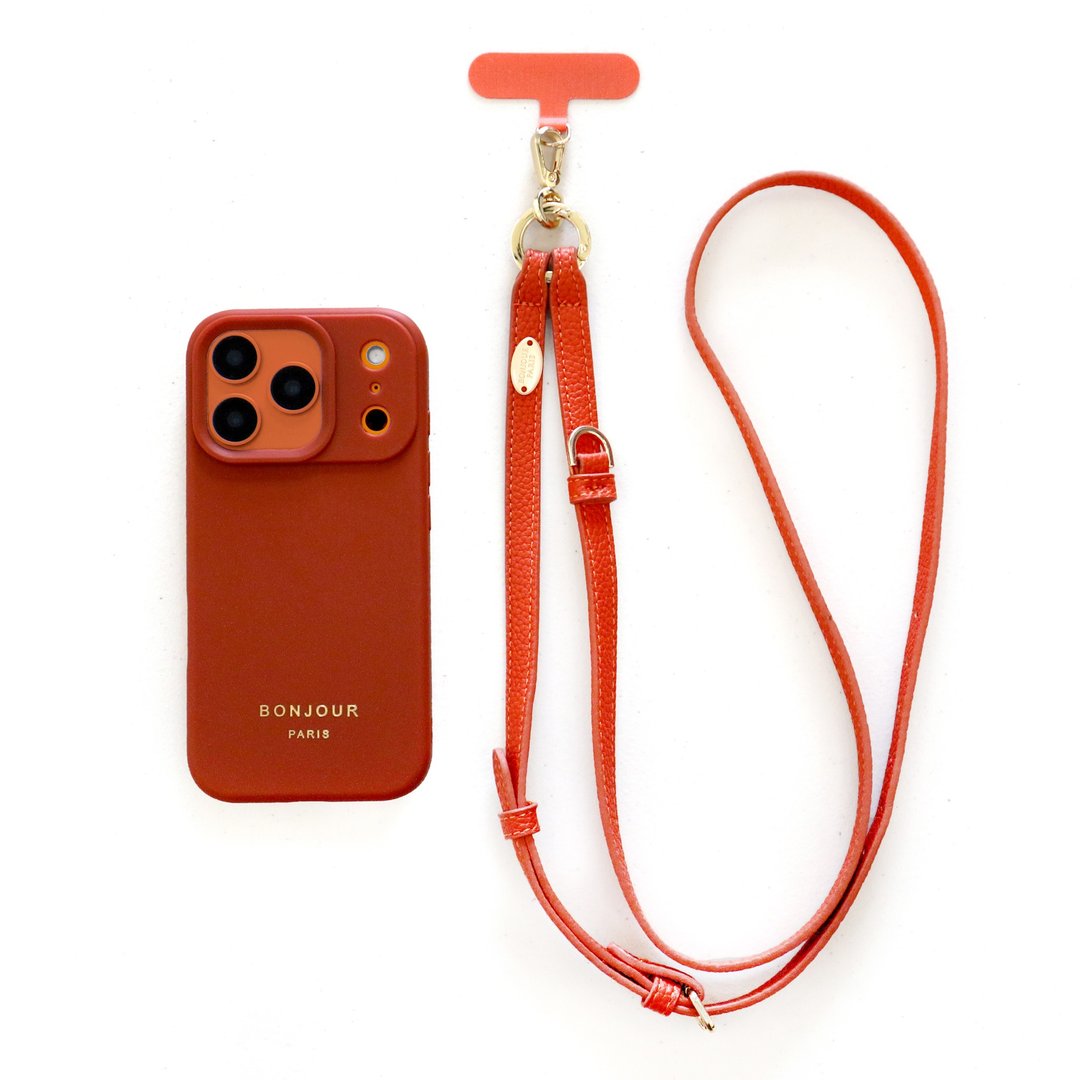 日本新品 (壳 + 挂绳)iPhone 17/16/15 南法香橘皮革斜背挂绳手机壳 - 手机壳/手机套 - 人造皮革 橘色