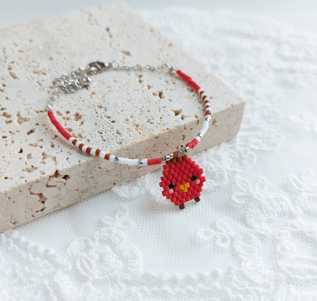 Little Bird bead bracelet in red (Length 6 in. + 2 extension chain) - 手链/手环 - 贵金属 红色