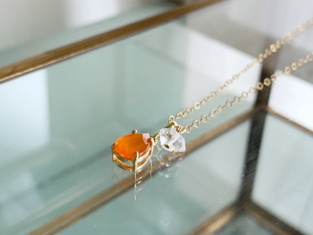 [April/July Birthstone] Carnelian and Herkimer Diamond (Crystal) Necklace (K14GF) that gives you the courage to take a step forward - 项链 - 宝石 橘色