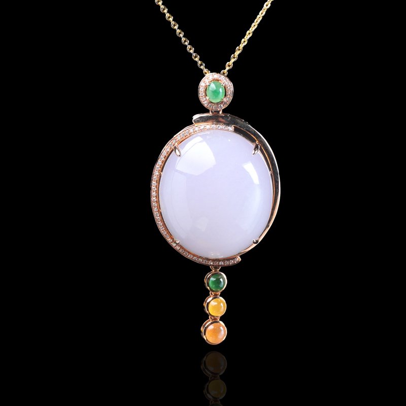 紫罗兰翡翠蛋面项链 18K金钻石镶嵌 | 天然缅甸玉翡翠A货 | 送礼 - 项链 - 玉石 紫色