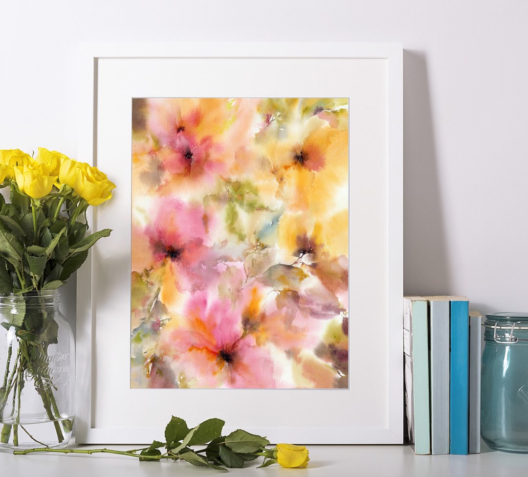 Original floral painting Yellow flower bouquet Watercolor impressionist wall art - 海报/装饰画/版画 - 纸 黄色