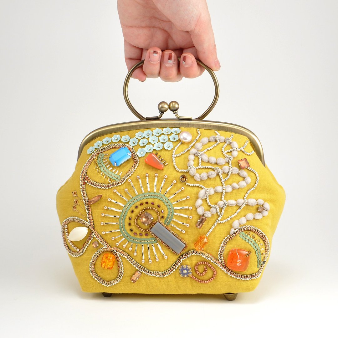 Embroidered bag with beads and yarn, party bag, sparkle yellow bag 8 - 手提包/手提袋 - 棉 黄色