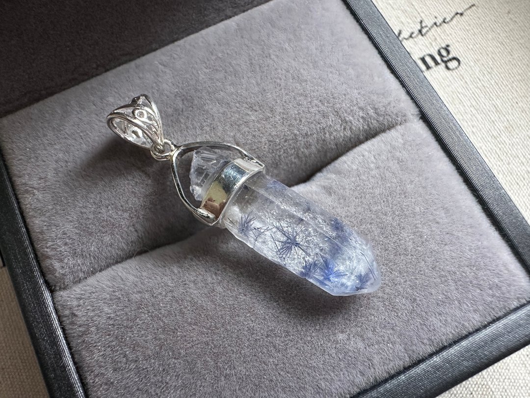 原矿蓝线石(蓝发)水晶 925银吊坠 - 项链 - 水晶 