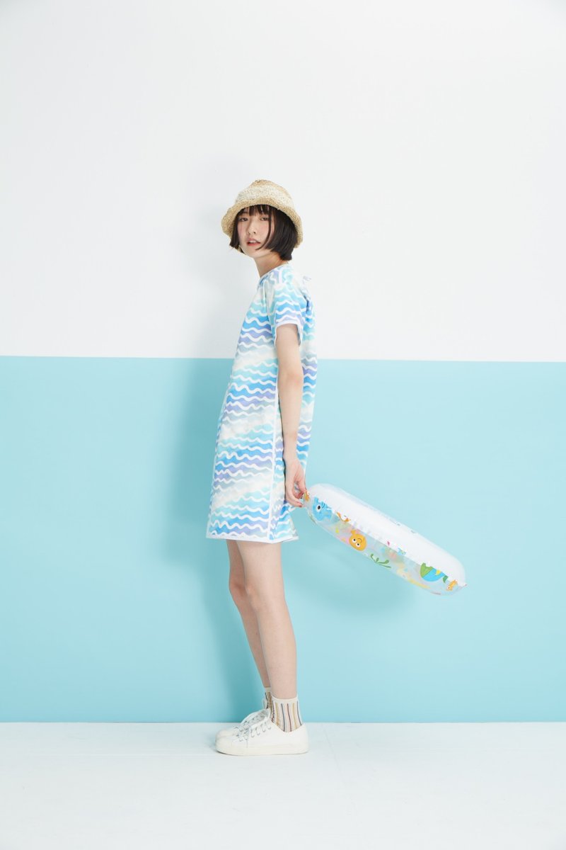 海浪波波洋装（只剩最后一件拉） - 洋装/连衣裙 - 棉．麻 蓝色