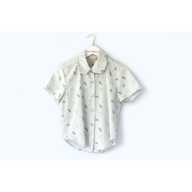 灰领衬衫，饰有泰迪熊图案 - 女装上衣 - 棉．麻 