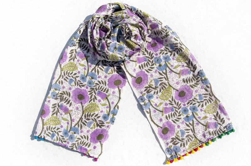 手工木刻印植物染围巾手织围巾 编织围巾 草木染纯绵丝巾-法国花 - 围巾/披肩 - 棉．麻 多色