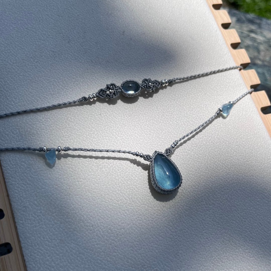 喜迎瑶 民族风 macrame 蜡线项链 chocker 锁骨链 海蓝宝 项链 - 项链 - 水晶 灰色