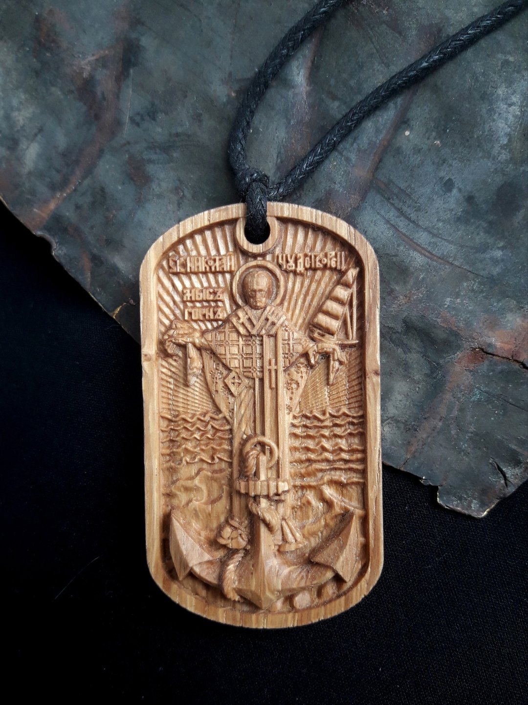 Saint Nicholas icon,  Handmade Christian Greek Small Orthodox icon of St Nick - 项链 - 木头 咖啡色
