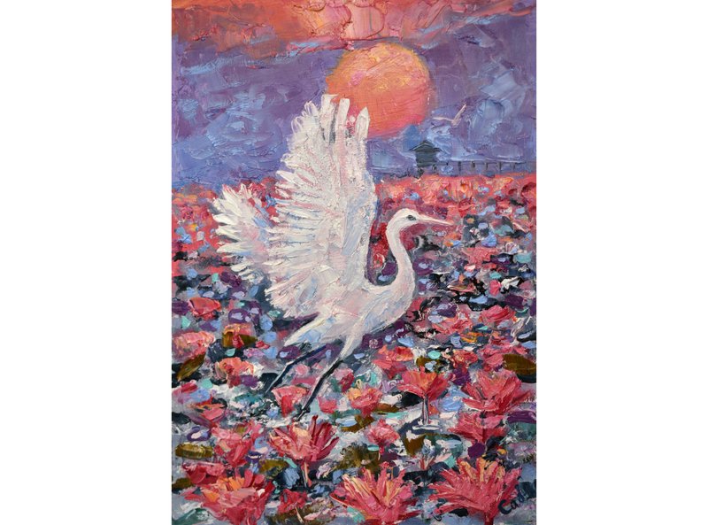 Heron Painting Thailand Original Art Red Lotus Artwork Bird Small Impasto Lake - 海报/装饰画/版画 - 木头 多色