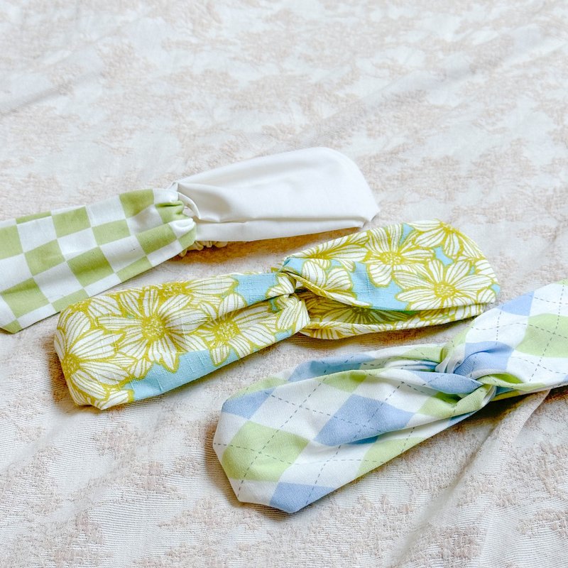 HotSummer 日本和式布料 / 绿色 / 菊花 / 格纹 / 东京限定 - 发带/发箍 - 棉．麻 绿色