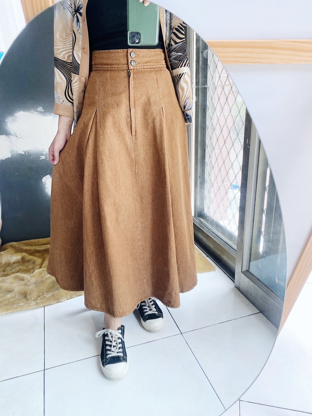 午后昏黄打褶刺绣图腾 古着棉质牛仔下身裙A字长裙 skirt vintage - 裙子 - 棉 卡其色