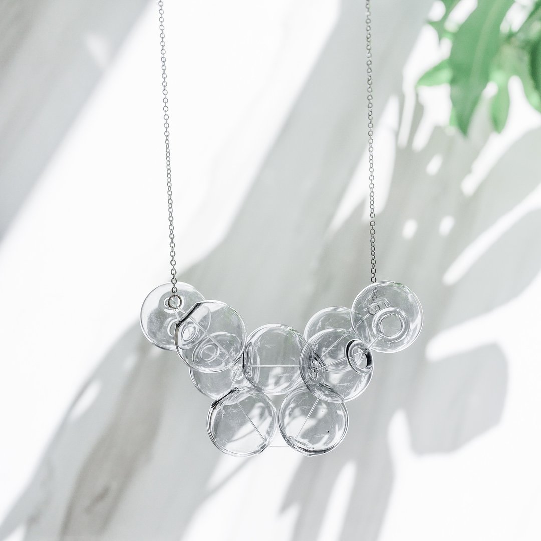 Bubble Bubbles 简约立体气泡玻璃球浅黑色透明18k 包金纯银颈链 - 项链 - 玻璃 黑色