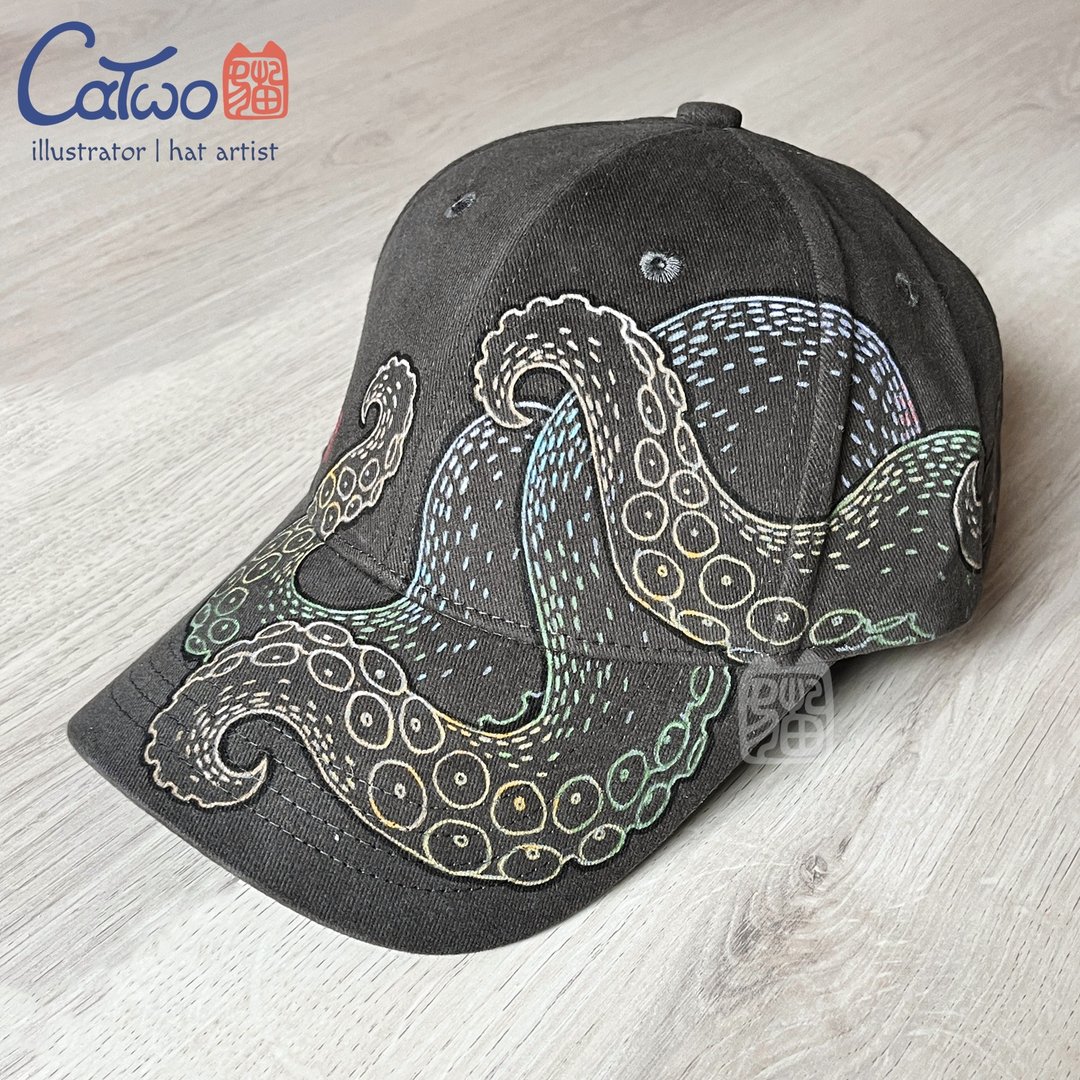 CaTwo 猫 2 | 章鱼 手绘帽 鸭舌帽 棒球帽 老帽 艺术帽 深灰/彩虹色 - 帽子 - 棉．麻 黑色