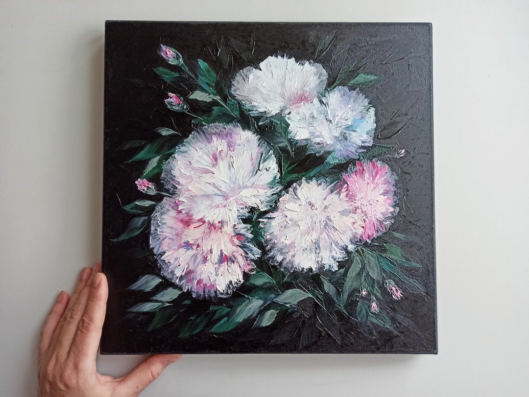 画布上黑色原创油画上的粉红色花朵 — 送给她的独特礼物 - 墙贴/壁贴 - 棉 黑色
