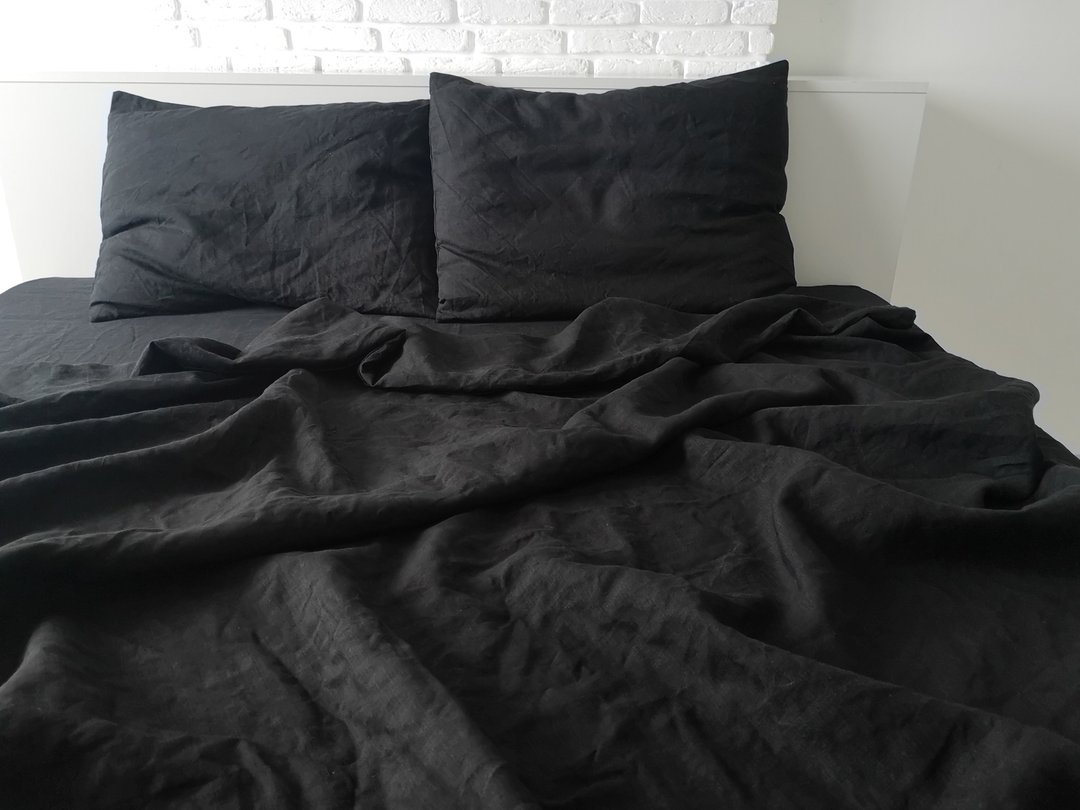 Black linen sheet set / Flat+fitted sheet+2 pillowcases / Black bedding - 寝具 - 亚麻 黑色