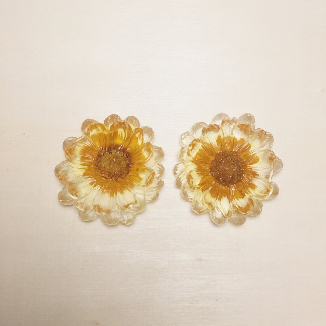 复古透明雏菊深色押花耳环耳夹 - 耳环/耳夹 - 树脂 透明