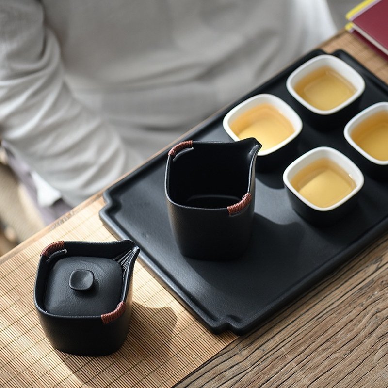 闻说|四方黑砂釉粗陶手执壶茶具套装 - 茶具/茶杯 - 陶 黑色