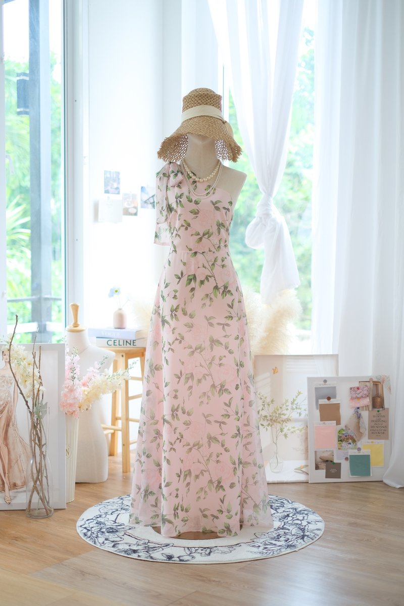 单肩蝴蝶结设计印花洋装 派对礼服 - 晚装/礼服 - 聚酯纤维 粉红色