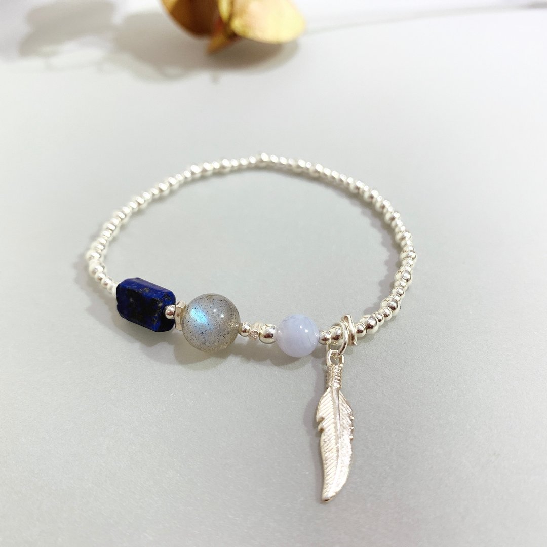 Ops bracelet - 蓝纹玛瑙/沟通力/青金石/拉长石/平静/灵感激发 - 手链/手环 - 其他金属 银色