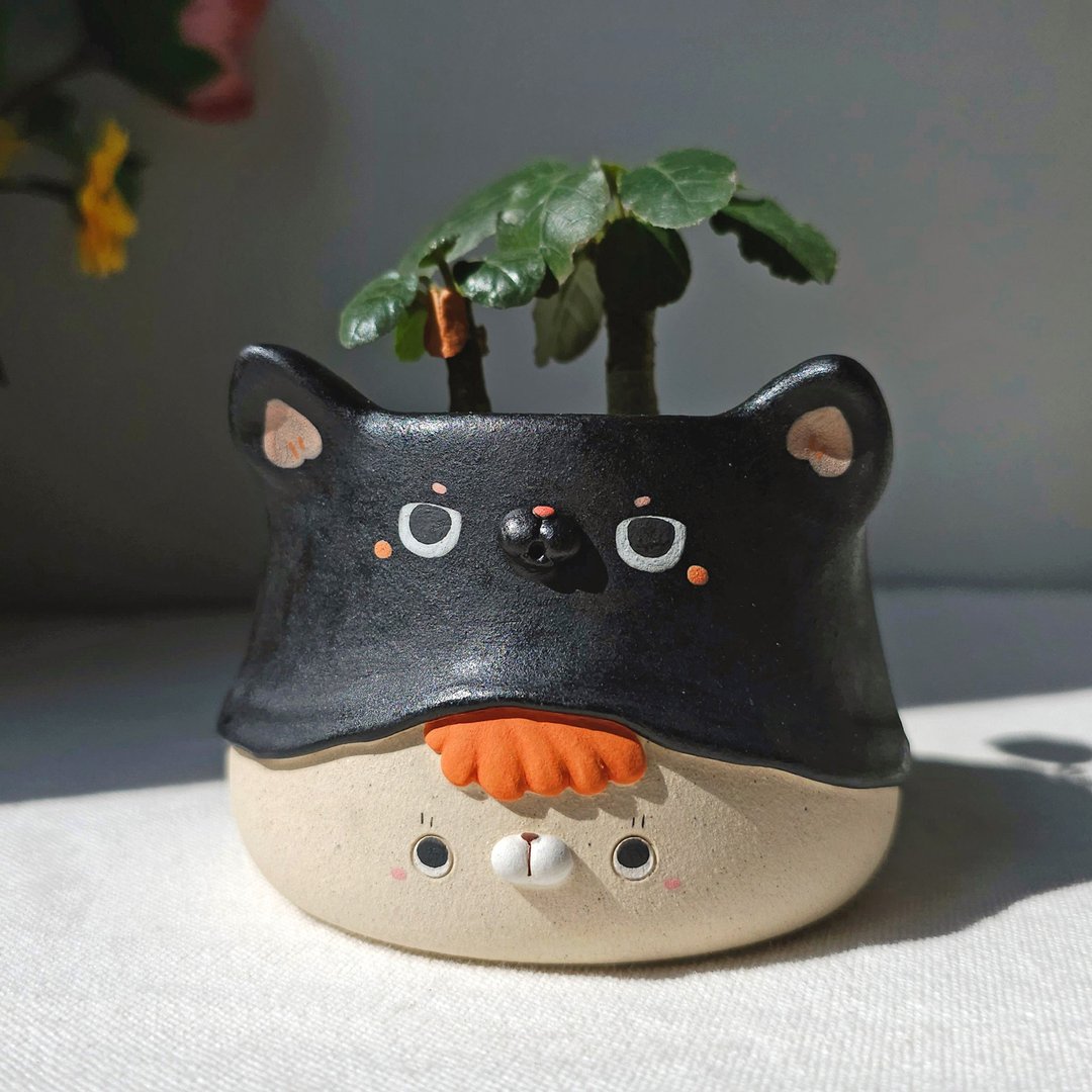 Black cat beanie plant pot. Handmade planter with drainage. - 植栽/盆栽 - 陶 