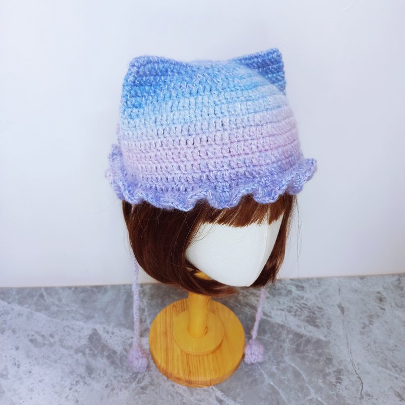 铃兰猫耳帽 毛线帽 手钩编织帽 - 帽子 - 棉．麻 蓝色