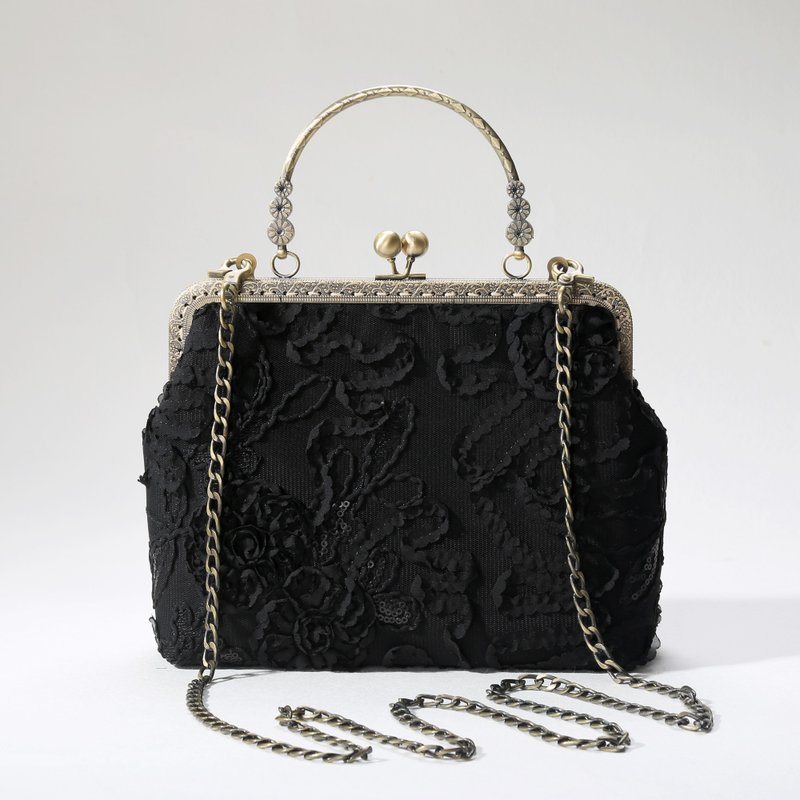 黑色立体蕾丝 复古口金包 斜挎包 手拎包 生日禮物 送朋友 送妈妈 - 侧背包/斜挎包 - 棉．麻 黑色