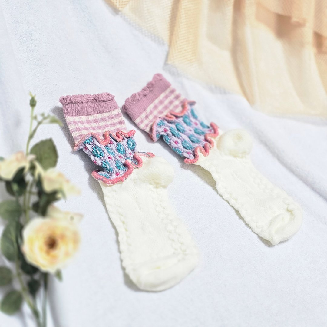 粉红×蓝 格纹 彩色荷叶边袜子 抢眼袜子 个性袜 15-18cm 儿童袜 socks - 袜子 - 其他材质 粉红色