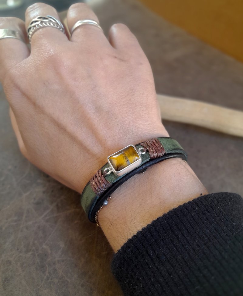 虎眼石皮革手镯 守护力量手工棕绿皮革 - 手链/手环 - 真皮 绿色