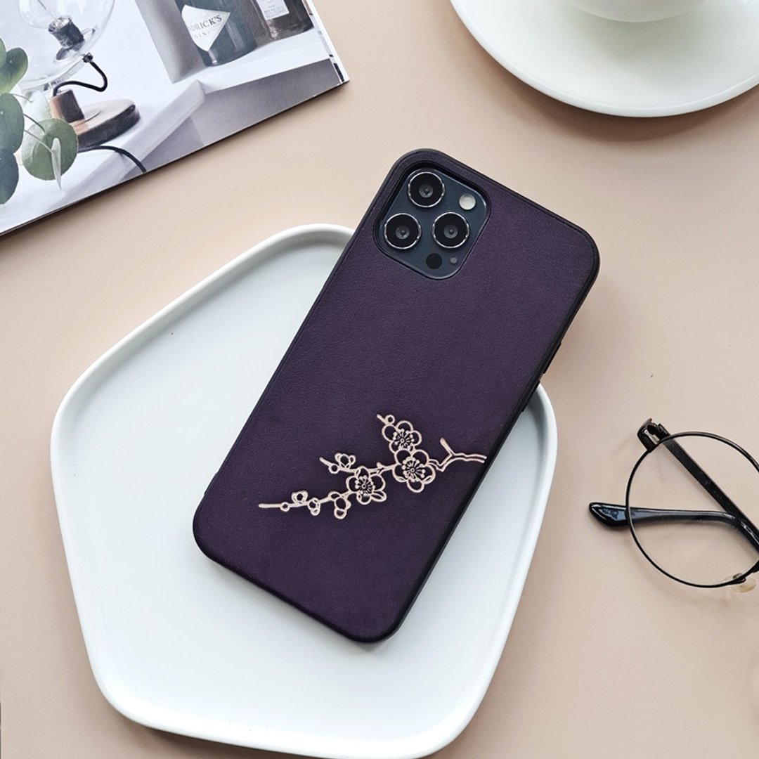 暗香疏影|紫色iphone14promax手机壳真皮13pro套苹果12mini防摔 - 手机壳/手机套 - 真皮 紫色