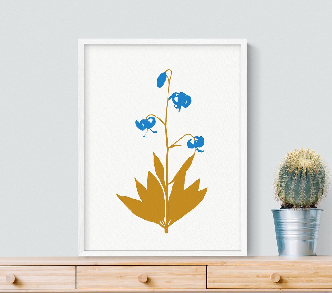 Blue Lily Pressed Wildflower Art Print, Unique Flower Poster for Wall Decoration - 海报/装饰画/版画 - 纸 蓝色