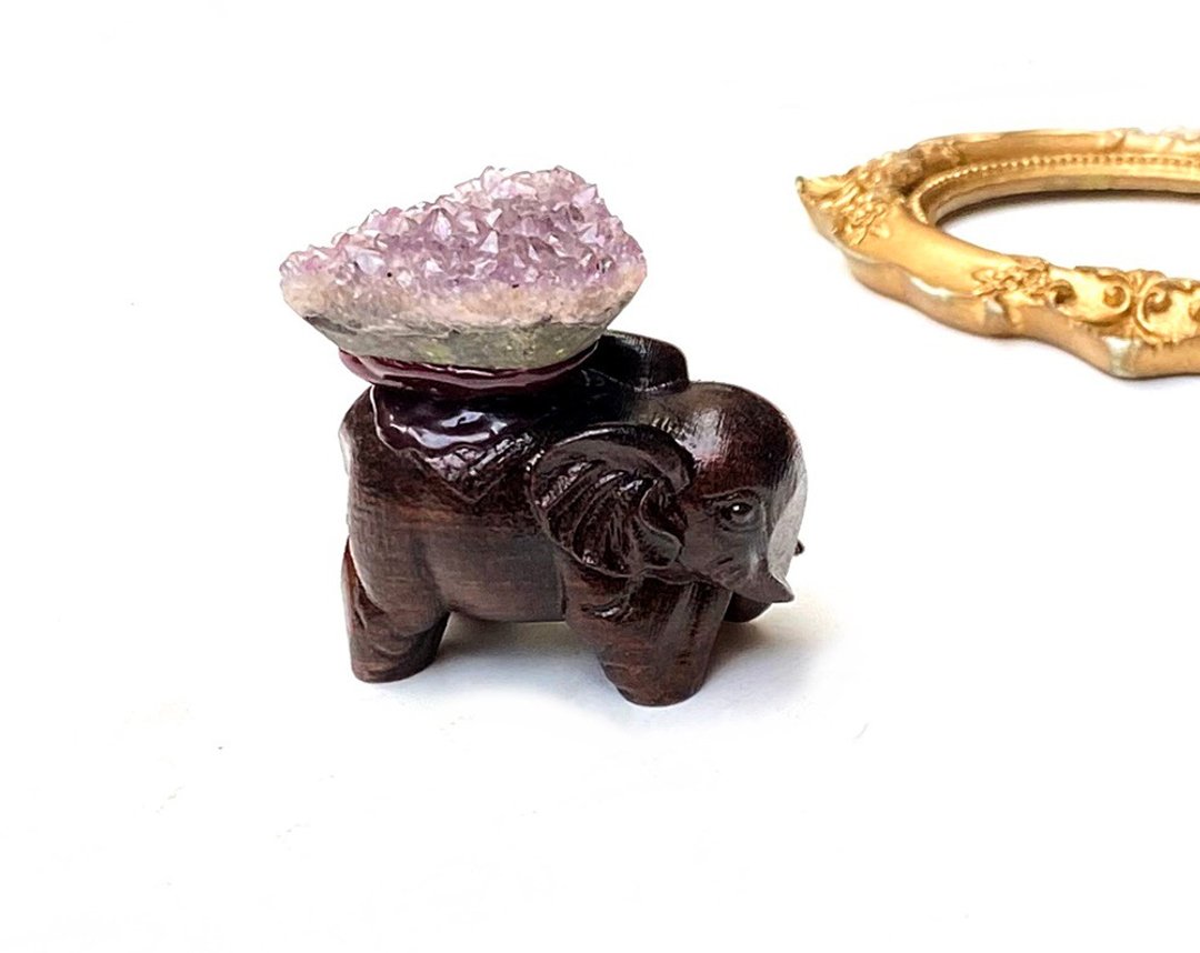 招财富贵-天然几何梦幻紫晶簇黑檀木可爱象 办公室 居家 招财摆件 - 其他 - 水晶 多色