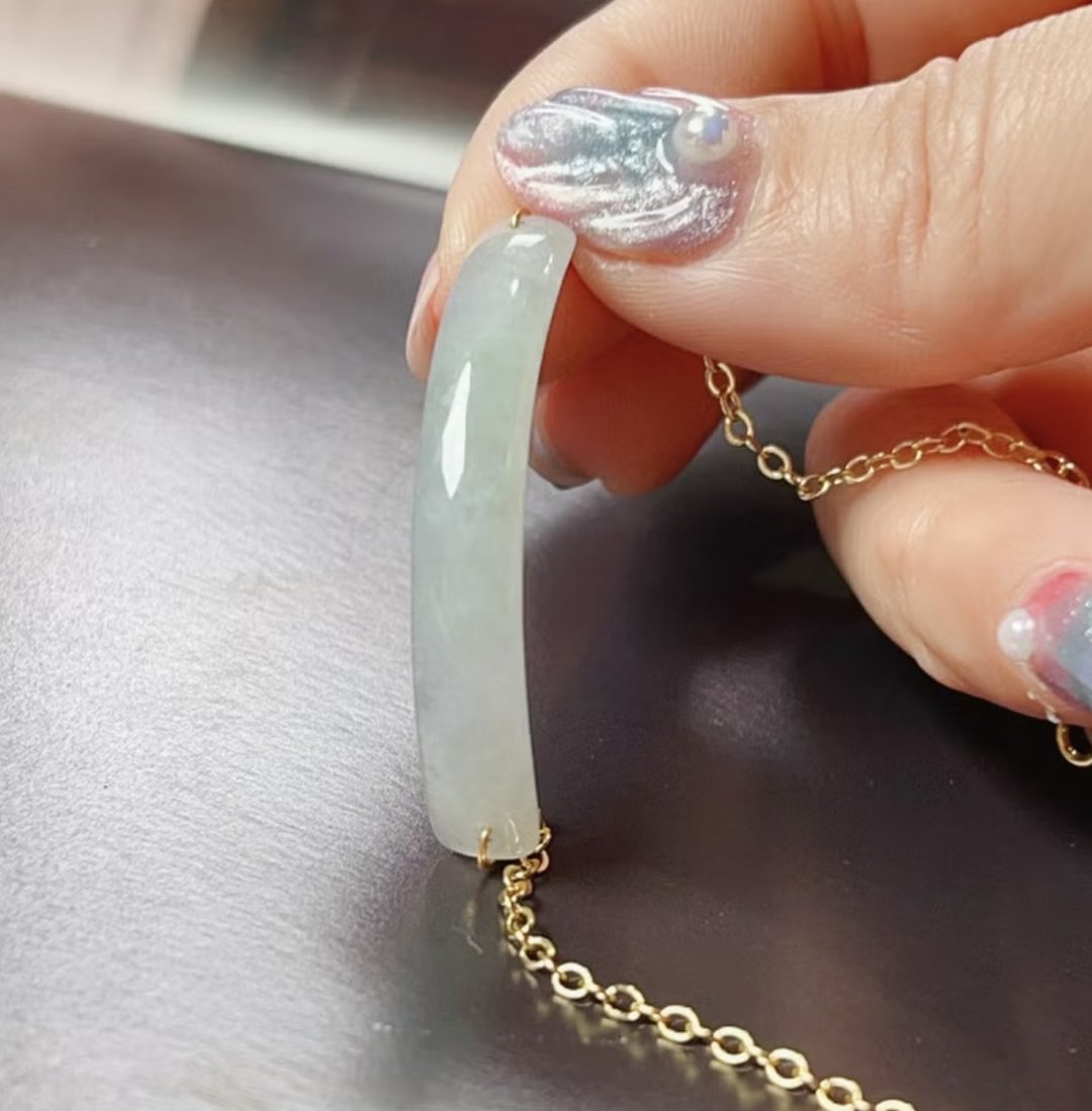 【愿·无事】冰种翡翠无事牌手链 14K包金|天然缅甸A货翡翠 |送礼 - 手链/手环 - 玉石 白色