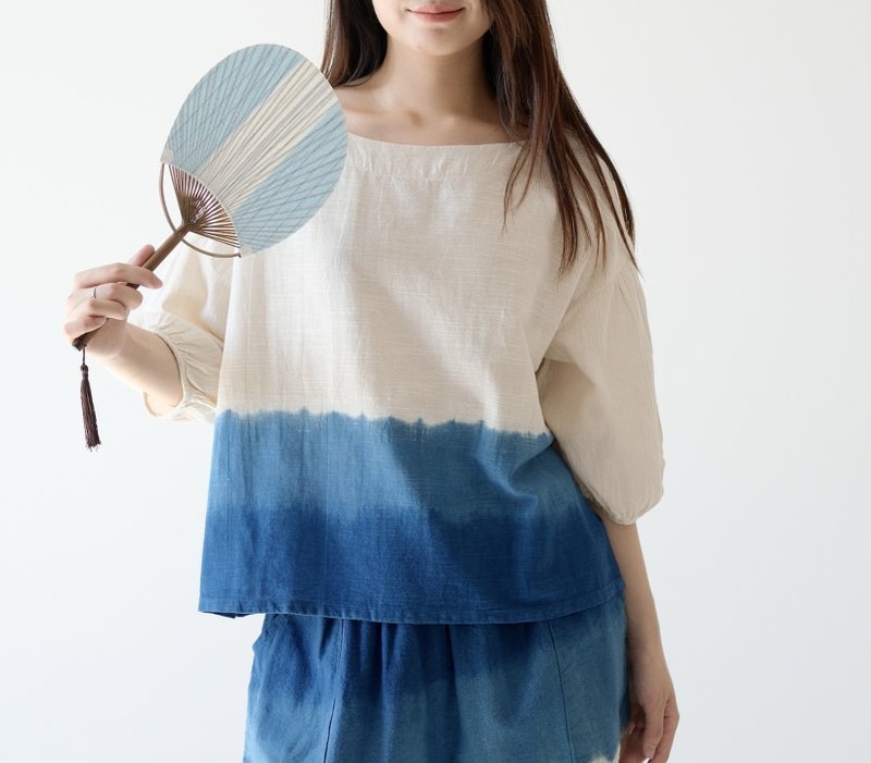 【棉質手工蓝染】大圆领七分袖上衣三色 - 女装上衣 - 棉．麻 蓝色