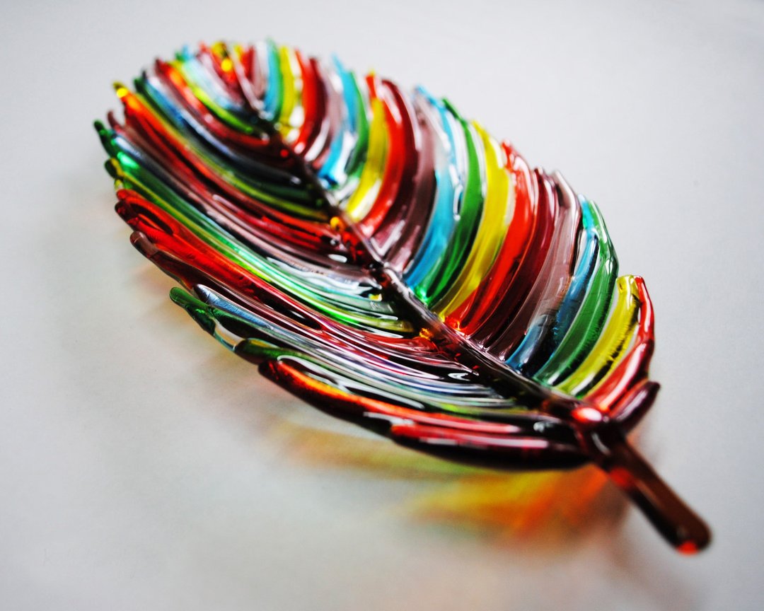 Abstract fused glass dish feather, unique glass tableware. - 盘子/餐盘/盘架 - 玻璃 多色