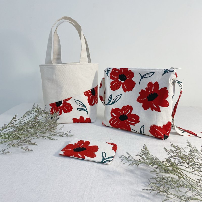 新年限定千元福袋小红花系列小礼盒 - 侧背包/斜挎包 - 棉．麻 红色