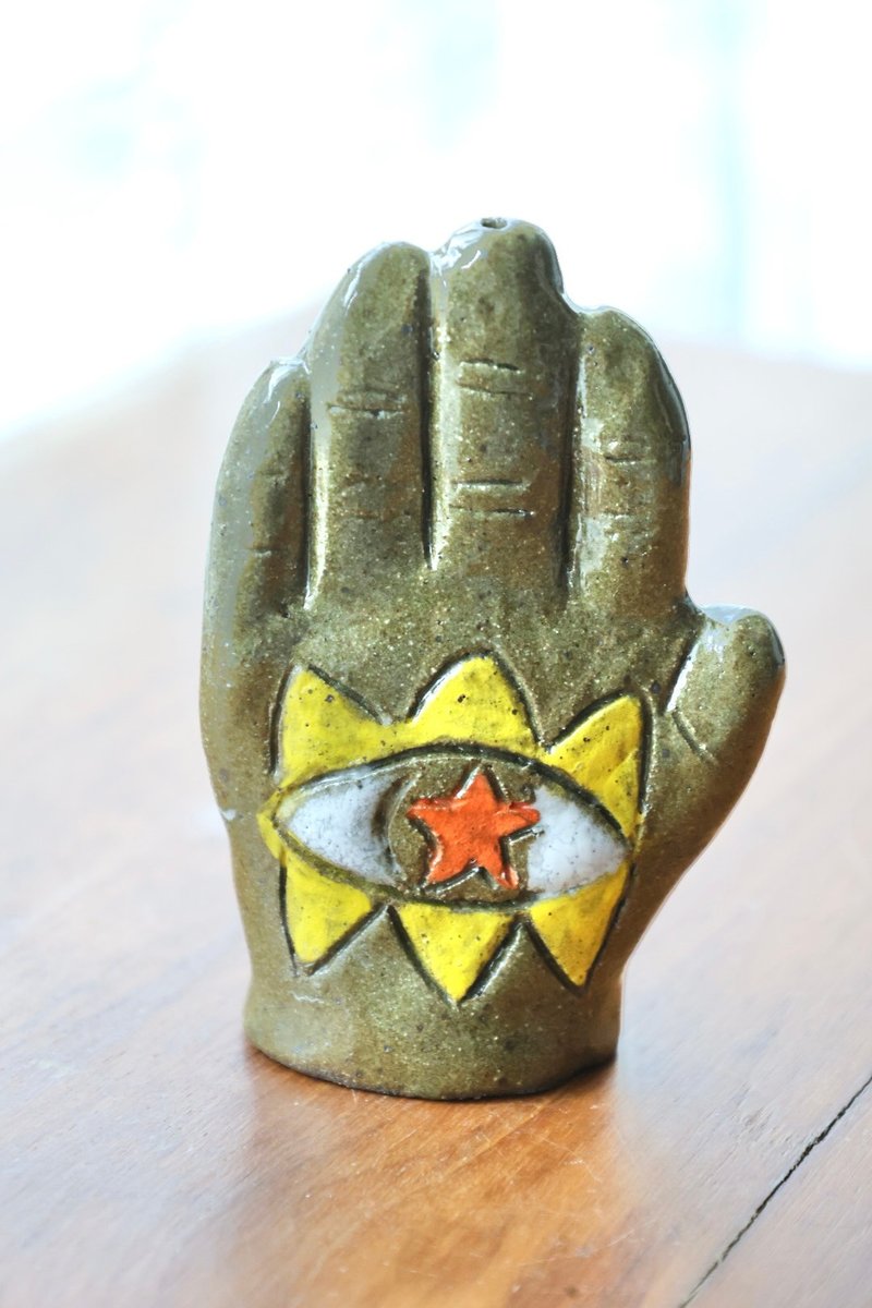 【生日礼物】草仔粿绿-祈愿之香插手法蒂玛手掌造型手捏陶艺摆饰 - 摆饰 - 陶 绿色