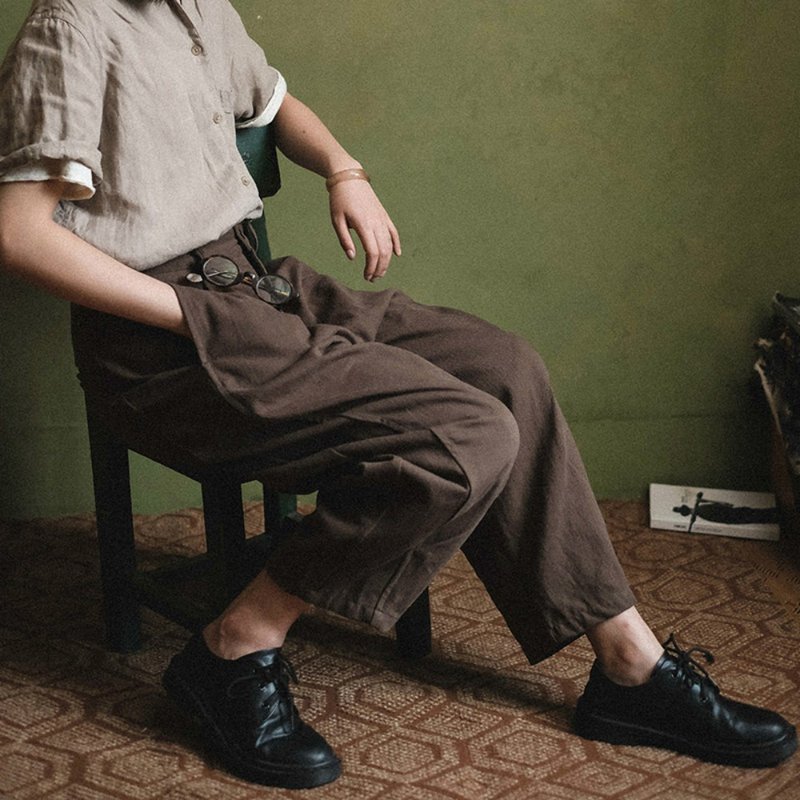 回到好時光 橄欖灰 複古亞麻牛仔質感錐形褲 寬鬆立體剪裁長褲子 - 女装长裤 - 棉．麻 灰色