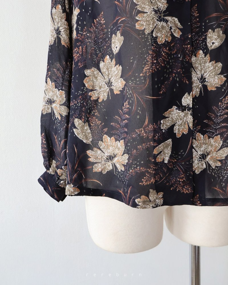 日系日本制复古花朵领结宽松长袖深蓝色雪纺古着衬衫 - 女装衬衫 - 聚酯纤维 蓝色