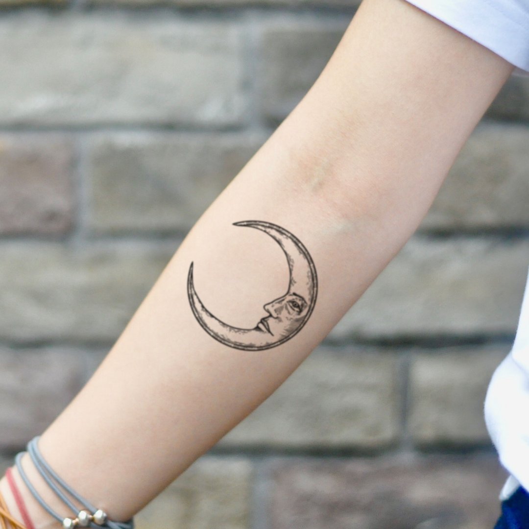 OhMyTat 新月形的脸 Crescent Moon Face 刺青图案纹身贴纸 (2张) - 纹身贴 - 纸 黑色