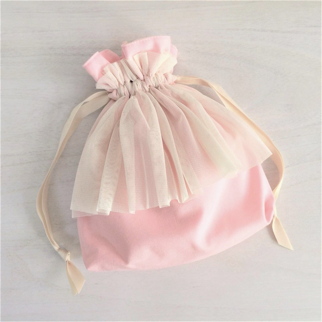 Soft tulle gather frill drawstring pink × off - 化妆包/杂物包 - 棉 粉红色